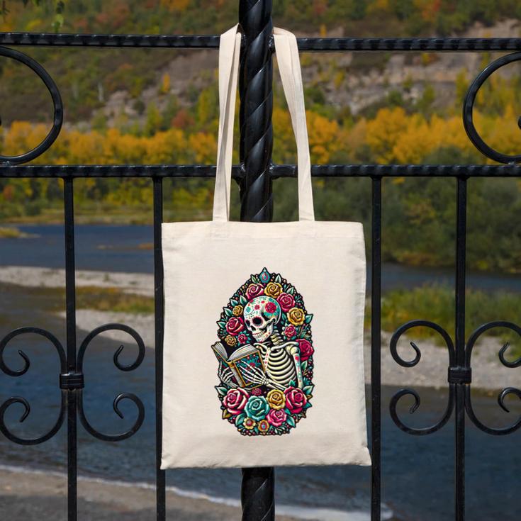 Book Lover Skeleton Reading With Dia De Los Muertos Flowers Canvas Tote Bag