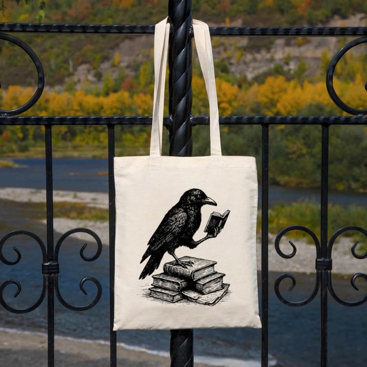 Book Raven Vintage Dark Academia Literature Reading Canvas Tote Bag Book Raven Vintage Dark Academia Literature Reading Canvas Tote Bag