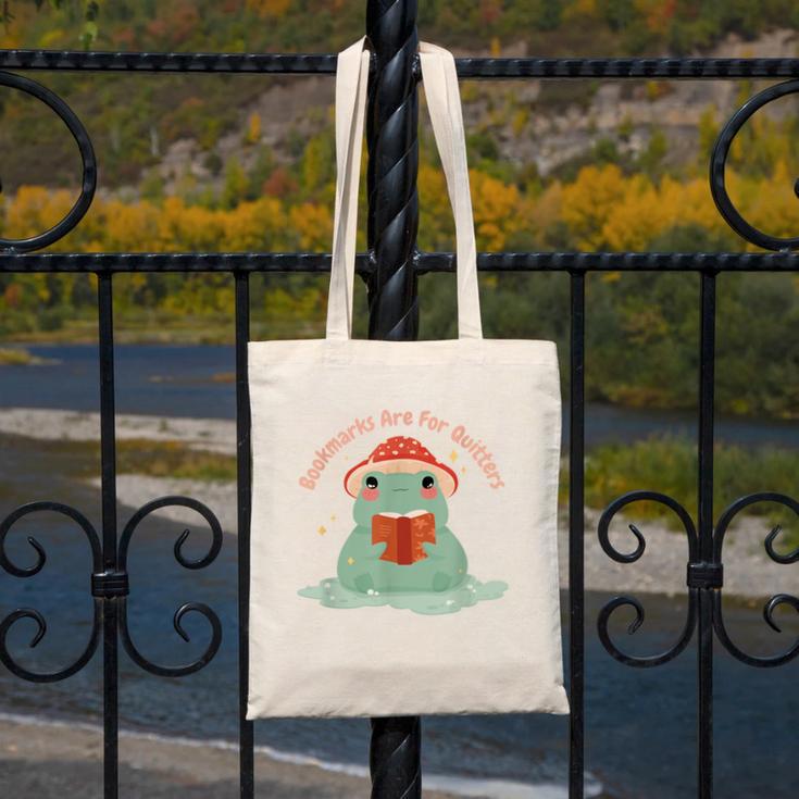 Bookmarks Are For Quitters Frog Reading Book Graphic Canvas Tote Bag Bookmarks Are For Quitters Frog Reading Book Graphic Canvas Tote Bag