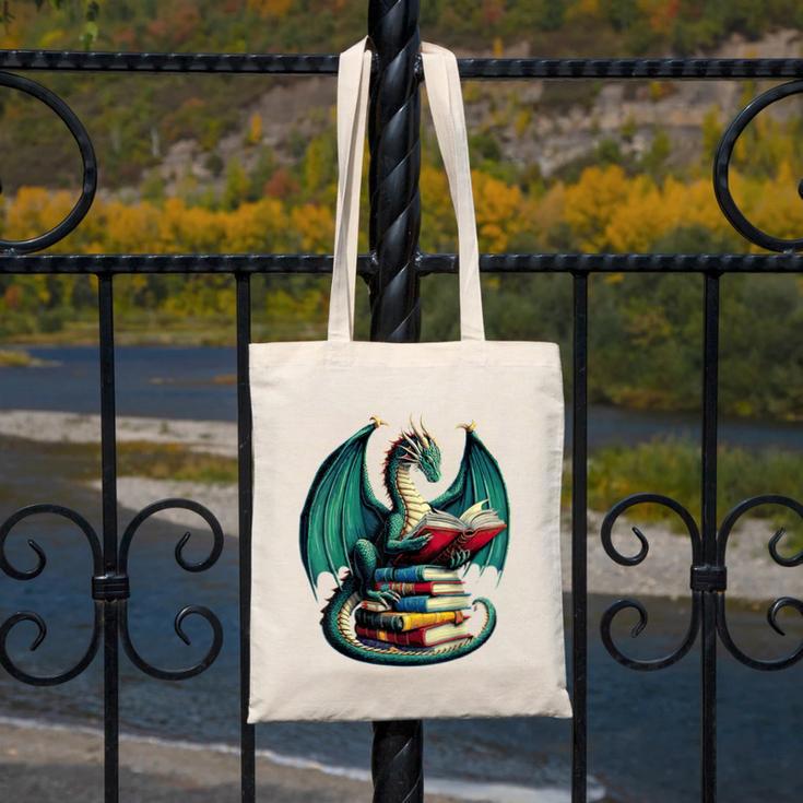 Books Dragon Reading Book Lover Canvas Tote Bag