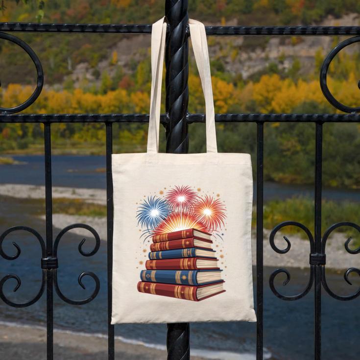 Books Fireworks 4th Of July Bookworm Patriotic Reader Canvas Tote Bag