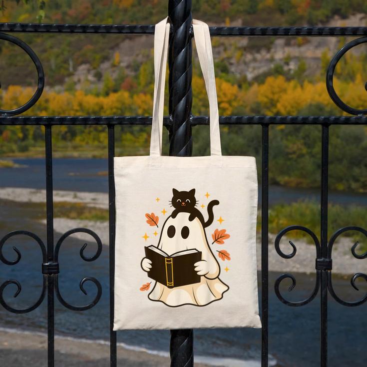 Books Ghost Reading Book Halloween Library Cat Fall Canvas Tote Bag Books Ghost Reading Book Halloween Library Cat Fall Canvas Tote Bag