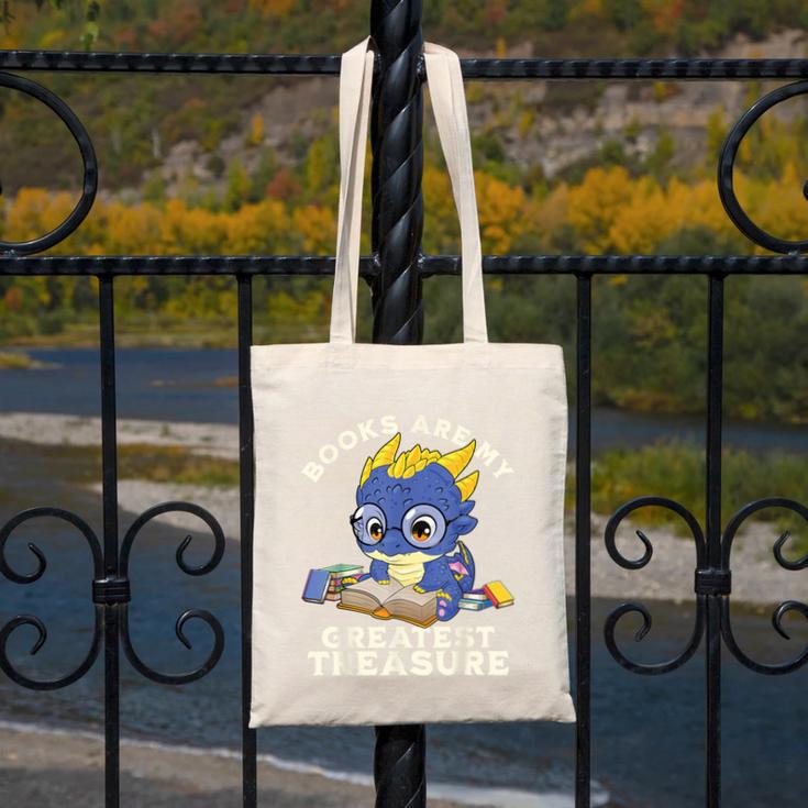 Books Are My Greatest Treasure Kawaii Dragon Reading Books Canvas Tote Bag