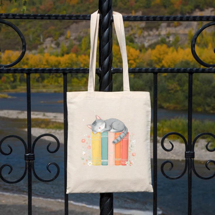 Books Lover Cute Sleepy Cat Relax Reading Vibe Canvas Tote Bag