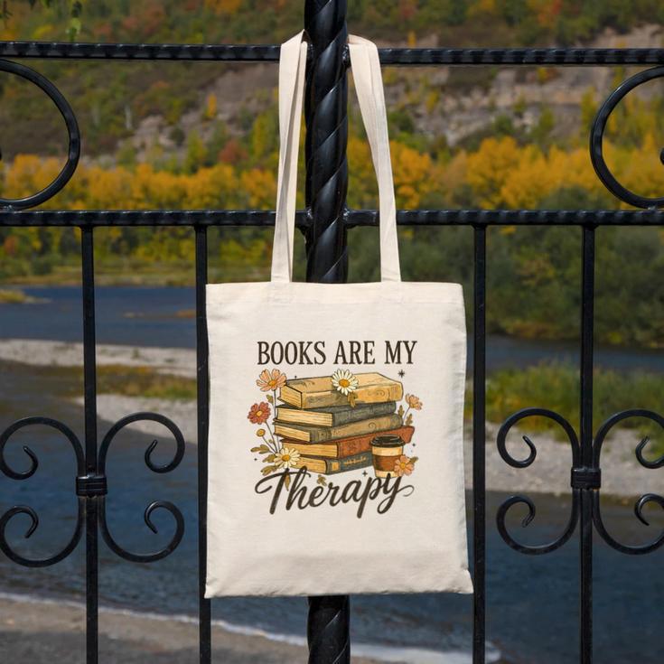 Books Are My Therapy Vintage Book Lover Daisy Art Canvas Tote Bag