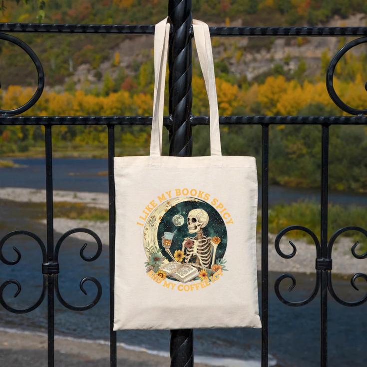 I Like My Books Spicy & My Coffee Icy Skeleton Read Book Canvas Tote Bag