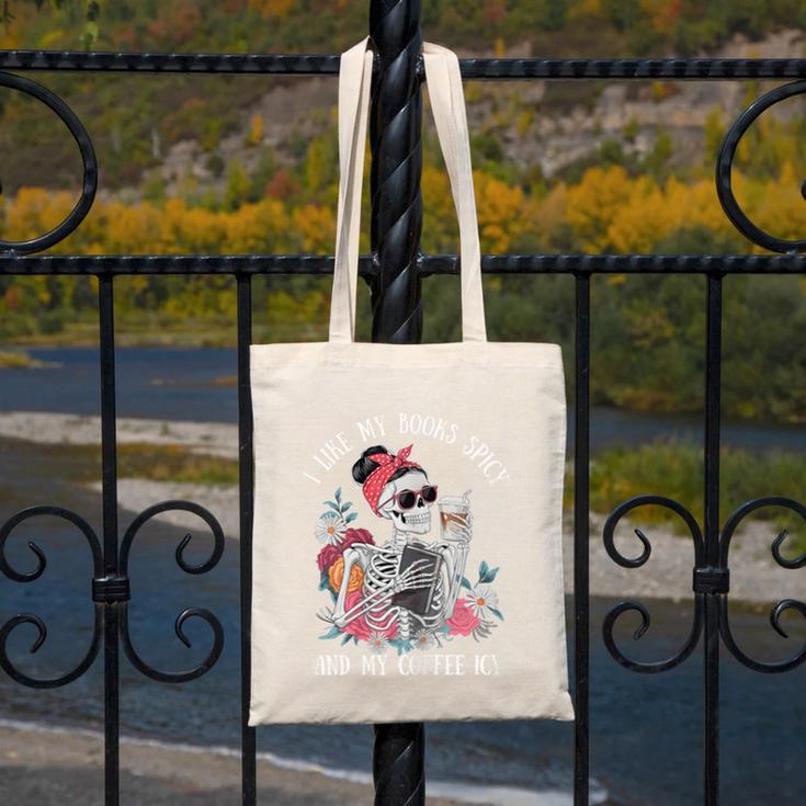 I Like My Books Spicy And My Coffee ICY Skeleton Women Canvas Tote Bag