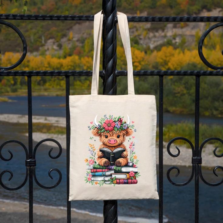 Bookworm Cute Baby Highland Cow Reading Book Canvas Tote Bag