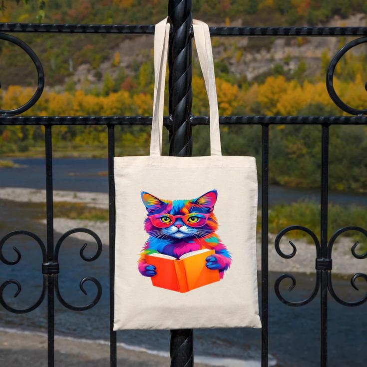Cat Book Shirt Colorful Cat Reading Book Canvas Tote Bag
