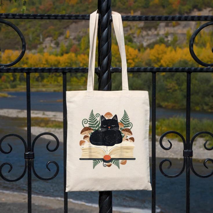 Cat On Open Book Mushrooms Ferns Dark Academia Canvas Tote Bag Cat On Open Book Mushrooms Ferns Dark Academia Canvas Tote Bag