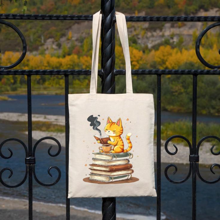 Cat Reading Books Canvas Tote Bag Cat Reading Books Canvas Tote Bag