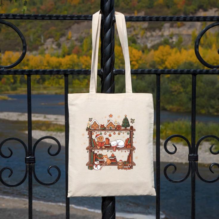 Christmas Cats Bookshelf Gingerbread Canvas Tote Bag