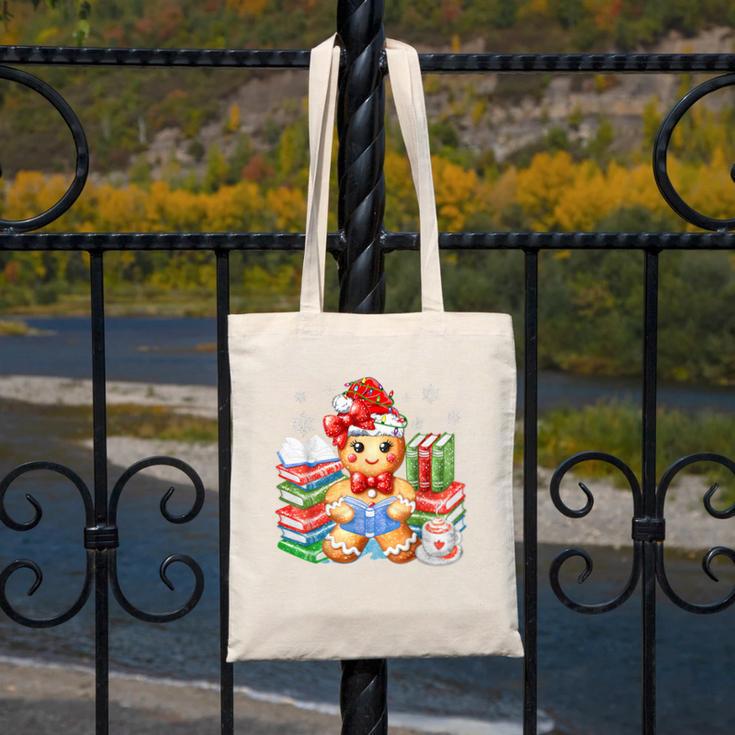 Christmas Gingerbread Man Reading Book Snowflake Teacher Canvas Tote Bag