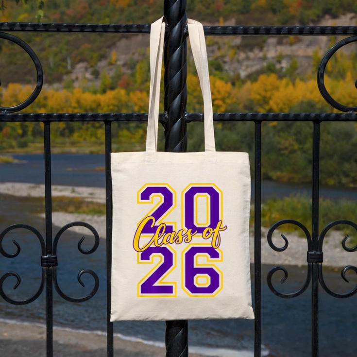 Class Of 2026 Graduation Varsity Purple Yellow On The Back Canvas Tote Bag