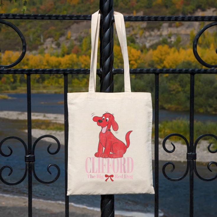 Clifford The Big Red Dog Pink Text With Bow Illustrated Book Canvas Tote Bag