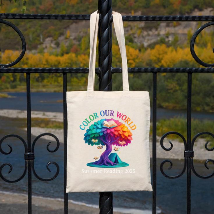 Color Our World Summer Reading 2025 Tree Book Lover Camping Canvas Tote Bag