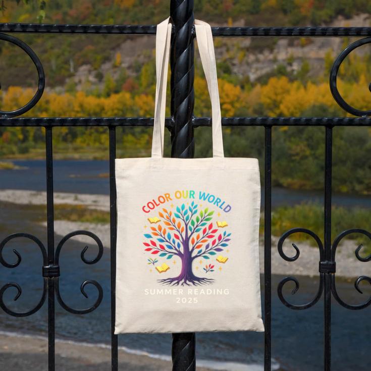 Color Our World Summer Reading Program 2025 Trippy Book Tree Canvas Tote Bag
