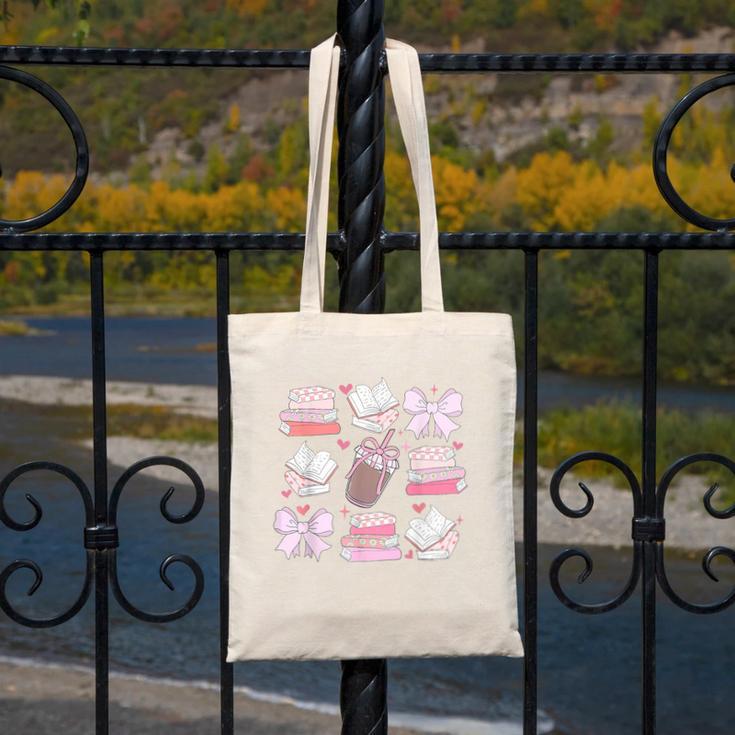 Coquette Bow Book Coffee Valentines Bookish Library Teacher Canvas Tote Bag