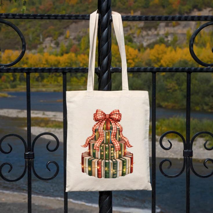 Coquette Christmas Book Tree Xmas Lights Librarian Teacher Canvas Tote Bag