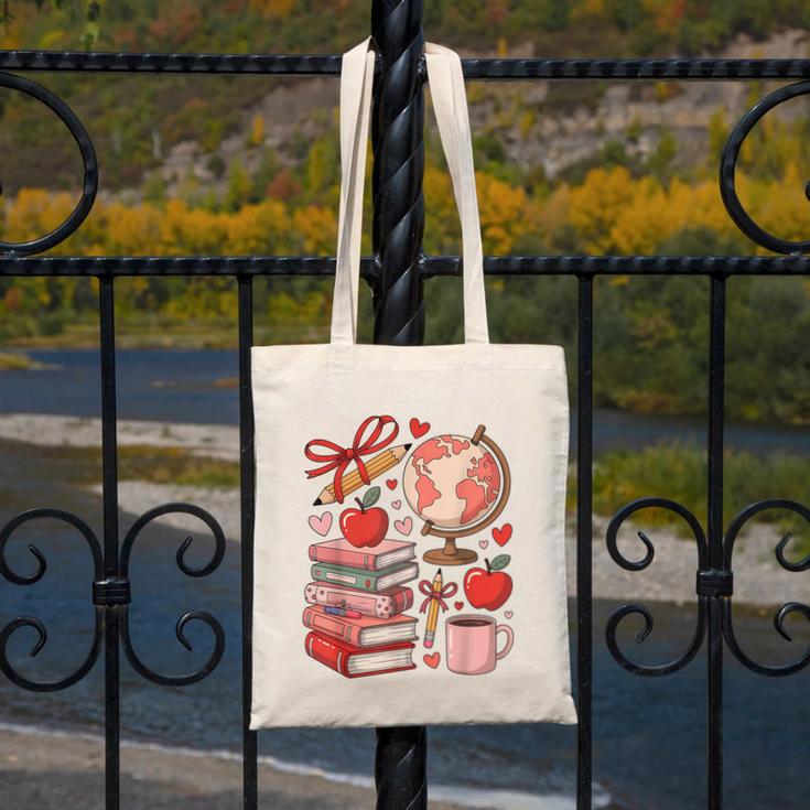 Coquette Teacher School Supplies Bows Books Globe Apple Cute Canvas Tote Bag Coquette Teacher School Supplies Bows Books Globe Apple Cute Canvas Tote Bag