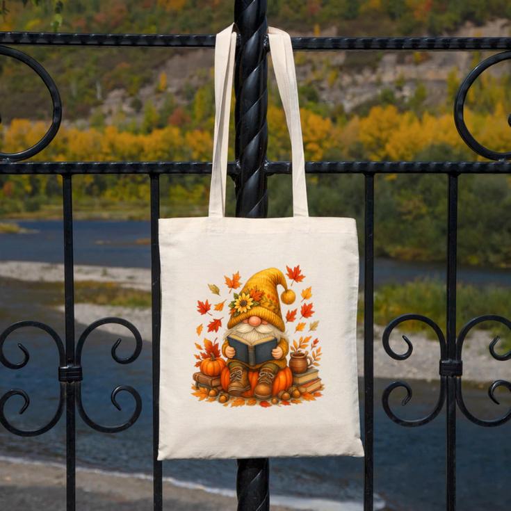 Cute Autumn Gnome Reading Pumpkin Book Lover Canvas Tote Bag
