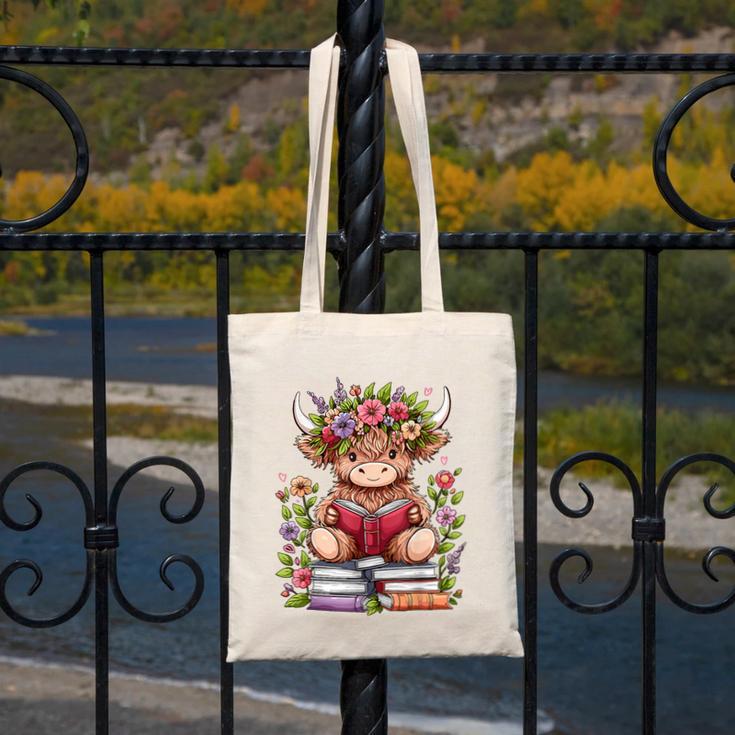 Cute Baby Highland Cow With Reading Book Bookworm Canvas Tote Bag Cute Baby Highland Cow With Reading Book Bookworm Canvas Tote Bag