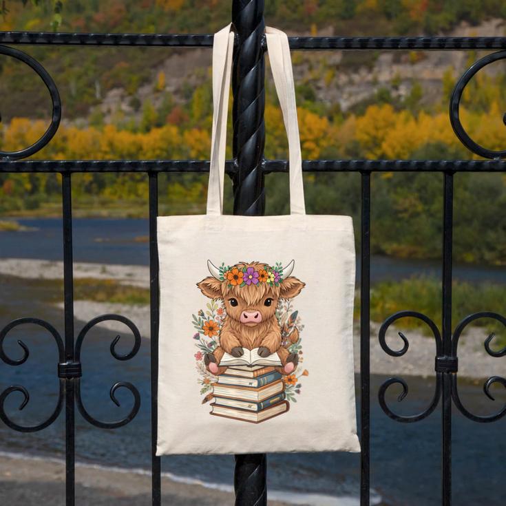 Cute Baby Highland Cow Reading Book Librarian Bookworm Canvas Tote Bag
