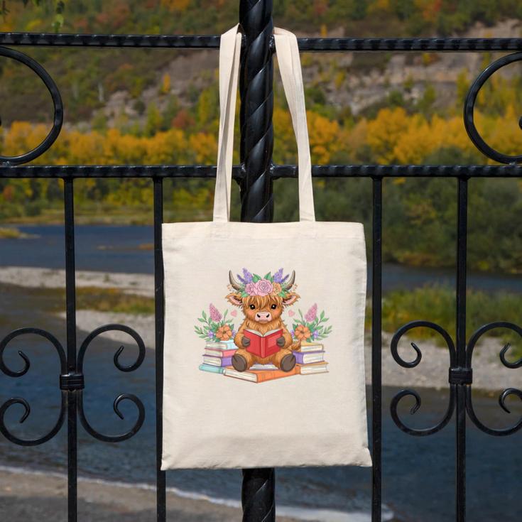 Cute Baby Highland Cow Reading Book Lover Toddler Canvas Tote Bag