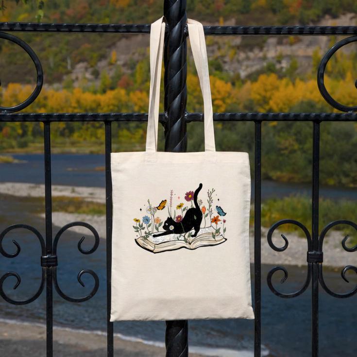 Cute Cat Flower Garden Book Kitty Reading Floral Men Women Girls Kids Canvas Tote Bag Cute Cat Flower Garden Book Kitty Reading Floral Men Women Girls Kids Canvas Tote Bag