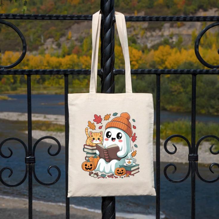 Cute Cozy Ghost Reading With Cat Book Lover Autumn Fall Canvas Tote Bag Cute Cozy Ghost Reading With Cat Book Lover Autumn Fall Canvas Tote Bag