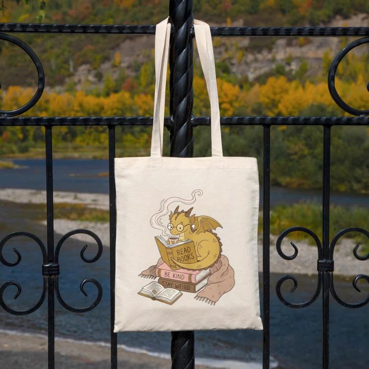 Cute Dragon Be Kind Stay Weird Read Books Canvas Tote Bag