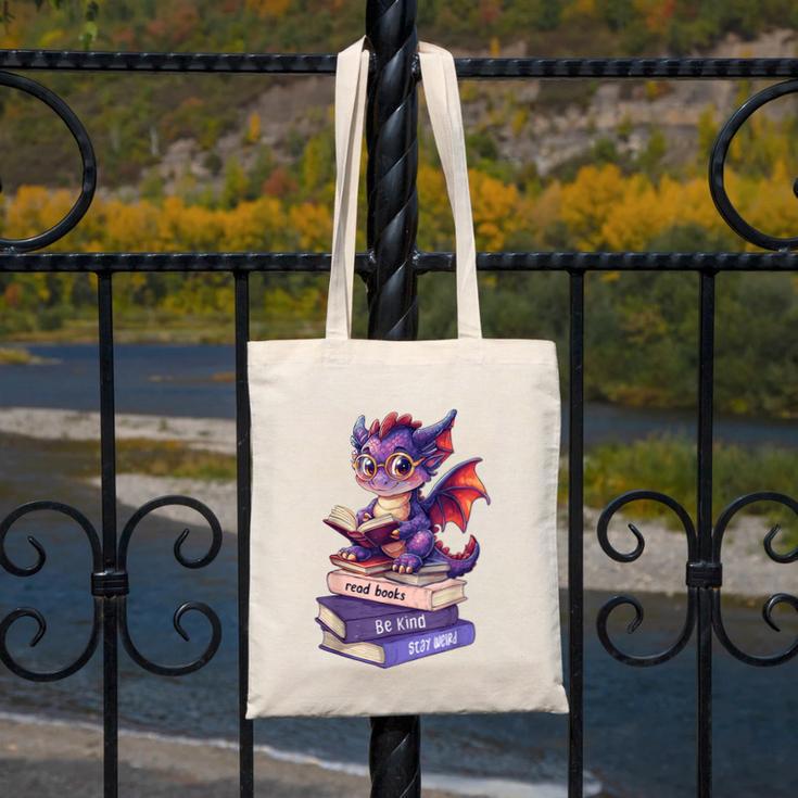 Cute Dragon Read Books Be Kind Stay Weird Book Lover Canvas Tote Bag