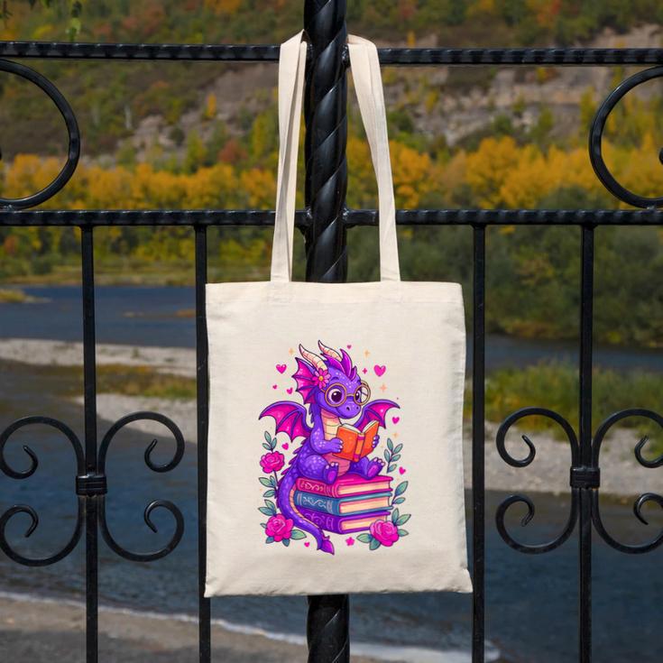 Cute Dragon Reading Books Bookworm Canvas Tote Bag