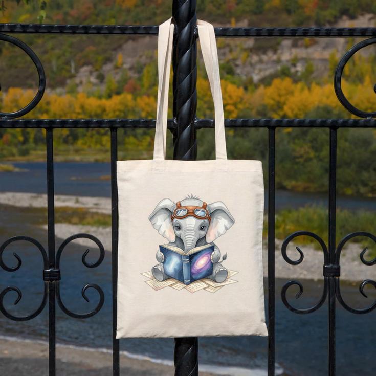 Cute Elephant Reading Universe Book Canvas Tote Bag