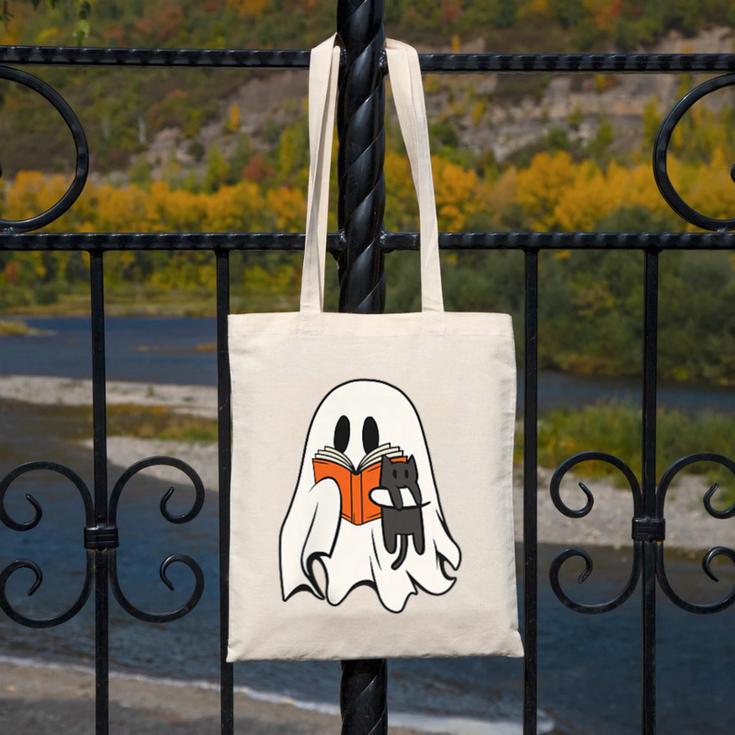 Cute Ghost Cat Reading Book Spooky Season Halloween Costume Canvas Tote Bag