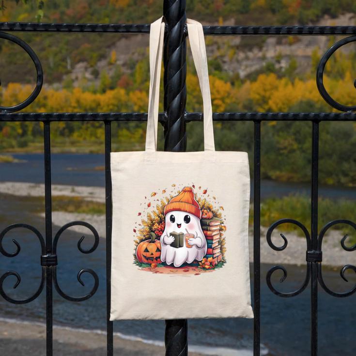 Cute Ghost Drinking Coffee Halloween Reading Book Retro Canvas Tote Bag Cute Ghost Drinking Coffee Halloween Reading Book Retro Canvas Tote Bag