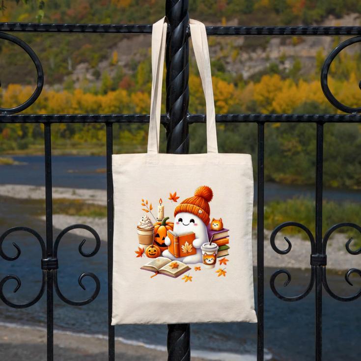 Cute Ghost Reading Book Lovers Halloween Pumpkin Women Girls Canvas Tote Bag