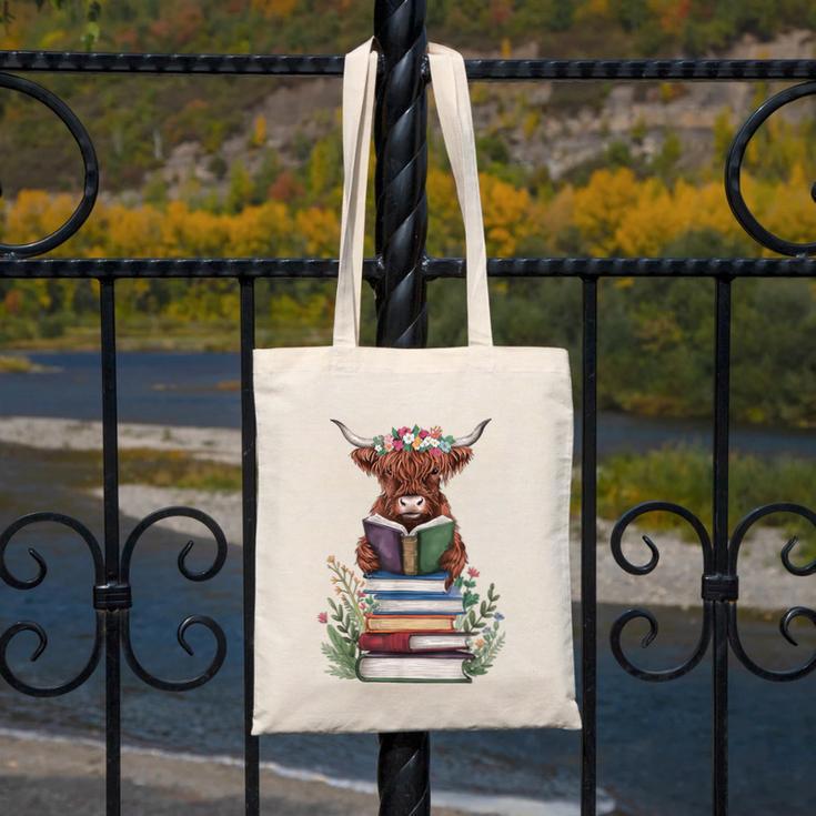 Cute Highland Cow With Book Floral Bookworm Librarian Book Canvas Tote Bag Cute Highland Cow With Book Floral Bookworm Librarian Book Canvas Tote Bag