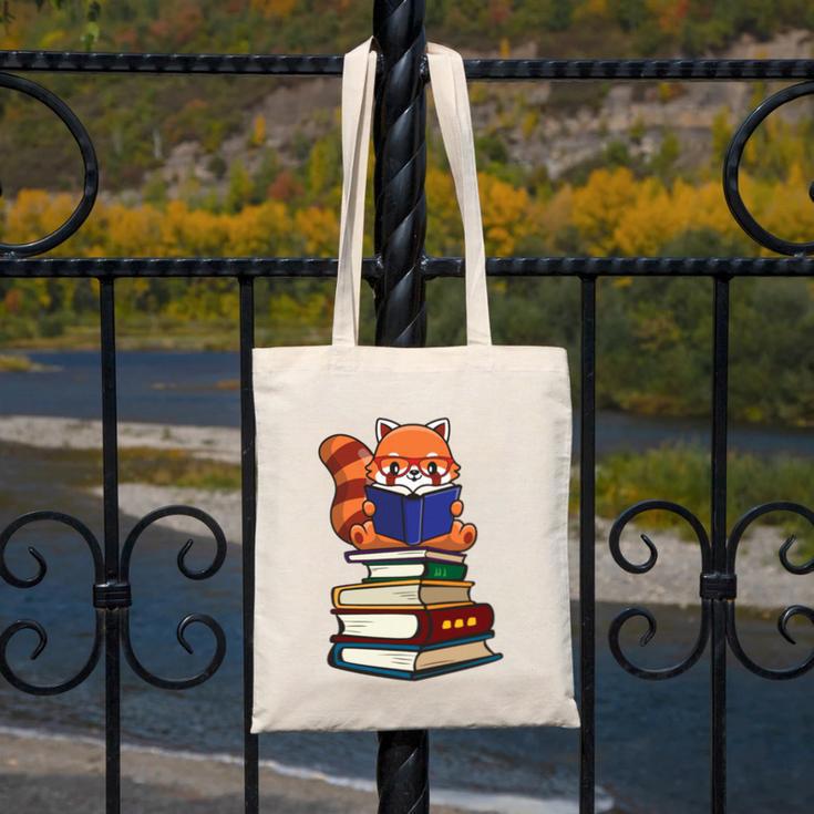 Cute Kawaii Kids Reading Books Glasses Red Panda Lover Canvas Tote Bag