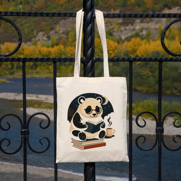 Cute Panda Reading Book Under Moon Bookworm Coffee Lover Canvas Tote Bag