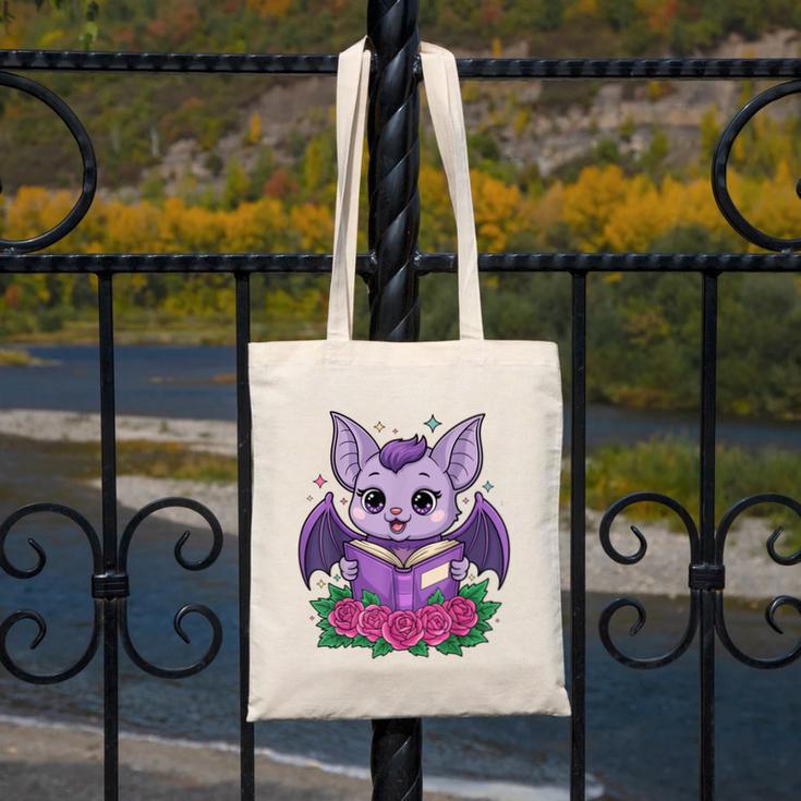 Cute Pastel Goth Bat Reading Book Canvas Tote Bag