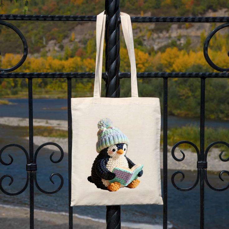 Cute Penguin Reading Book Faux-Crochet Print Canvas Tote Bag Cute Penguin Reading Book Faux-Crochet Print Canvas Tote Bag