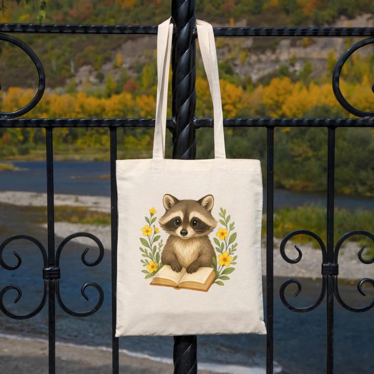 Cute Raccoon Reading Book Flowers Floral Canvas Tote Bag