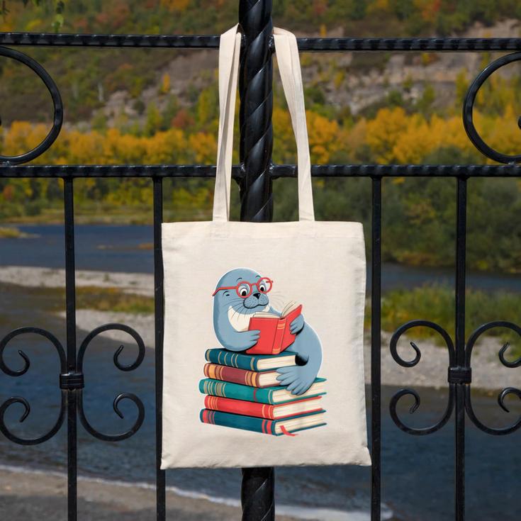 Cute Reading Seal On Books Book Lover Canvas Tote Bag