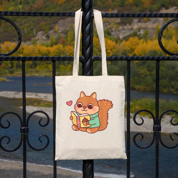 Cute Squirrel Reading A Book Lovers Anime Kawaii Women Kids Canvas Tote Bag Cute Squirrel Reading A Book Lovers Anime Kawaii Women Kids Canvas Tote Bag