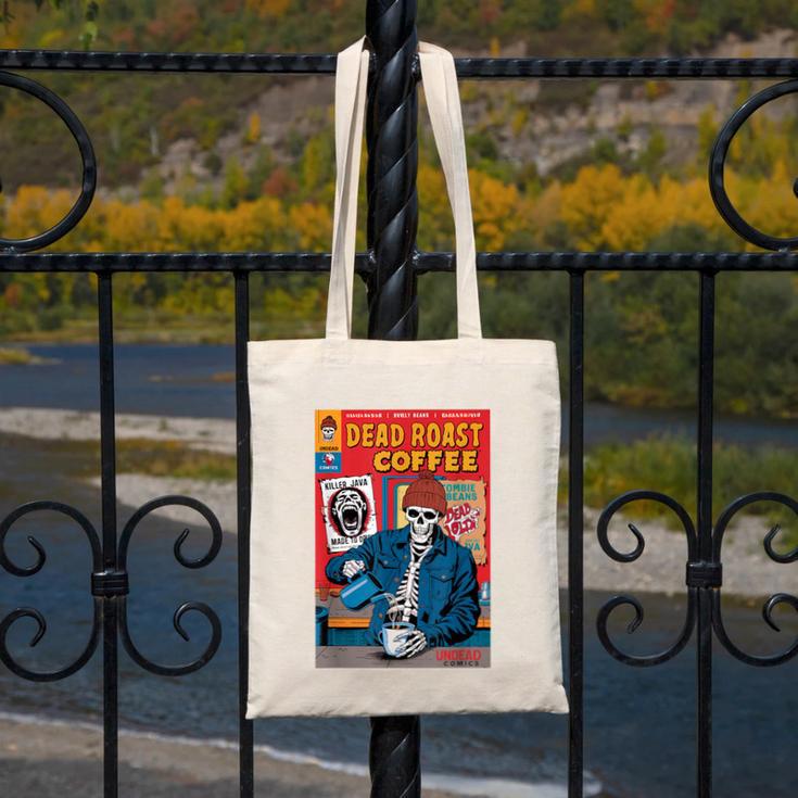 Dead Roast Coffee Comic Book Cover Style Skeleton Barista Canvas Tote Bag