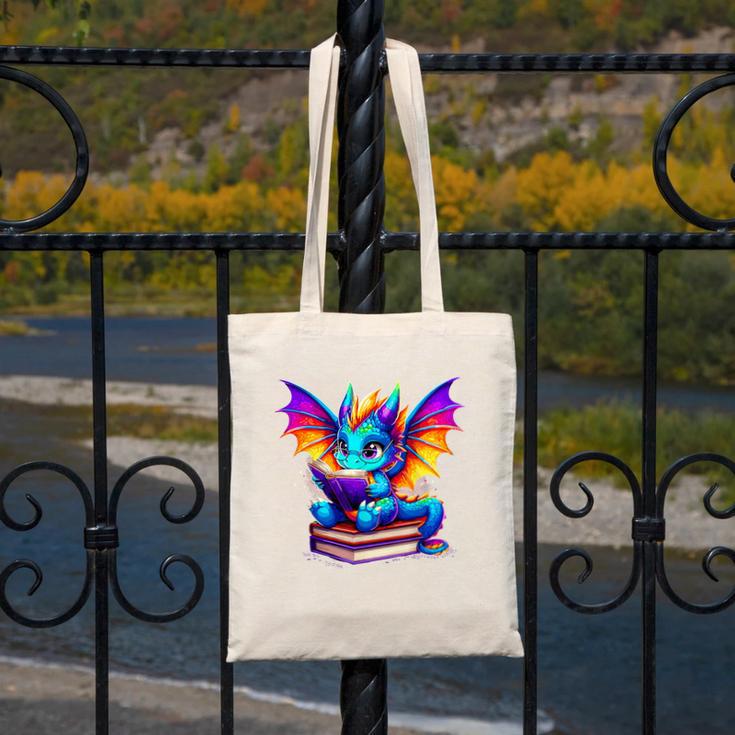 Dragon Reading a Book Bookworm Book Canvas Tote Bag