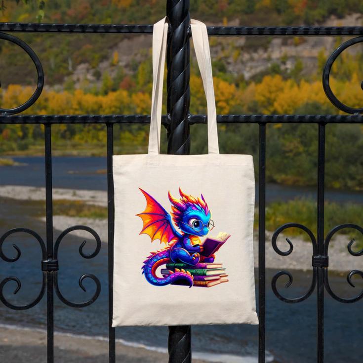 Dragon Reading a Book Bookworm Book Lover Canvas Tote Bag
