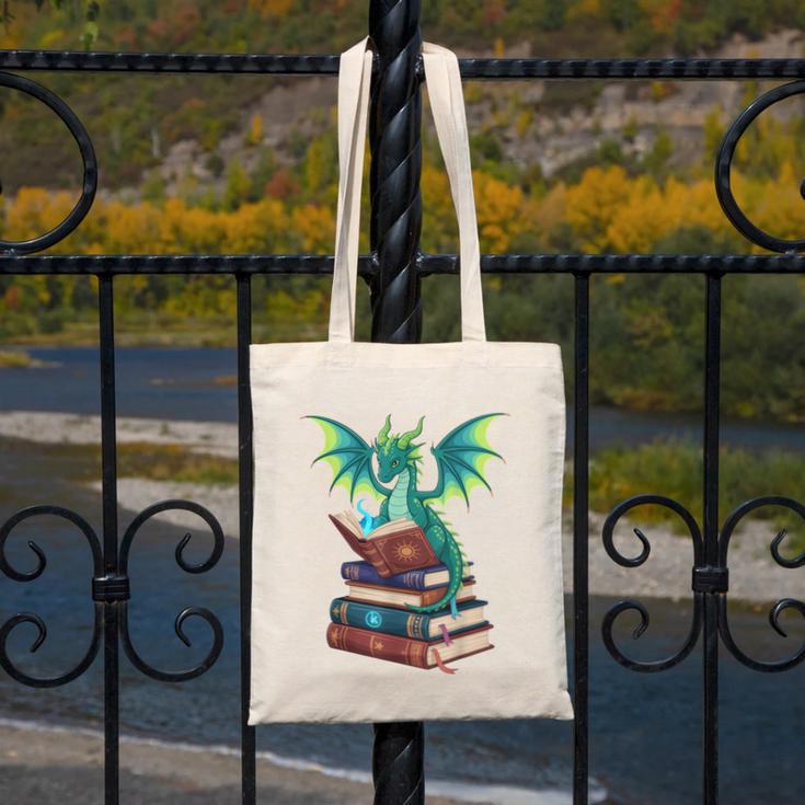 Dragon Reading Books Fantasy Lovers Mythical Creatures Canvas Tote Bag