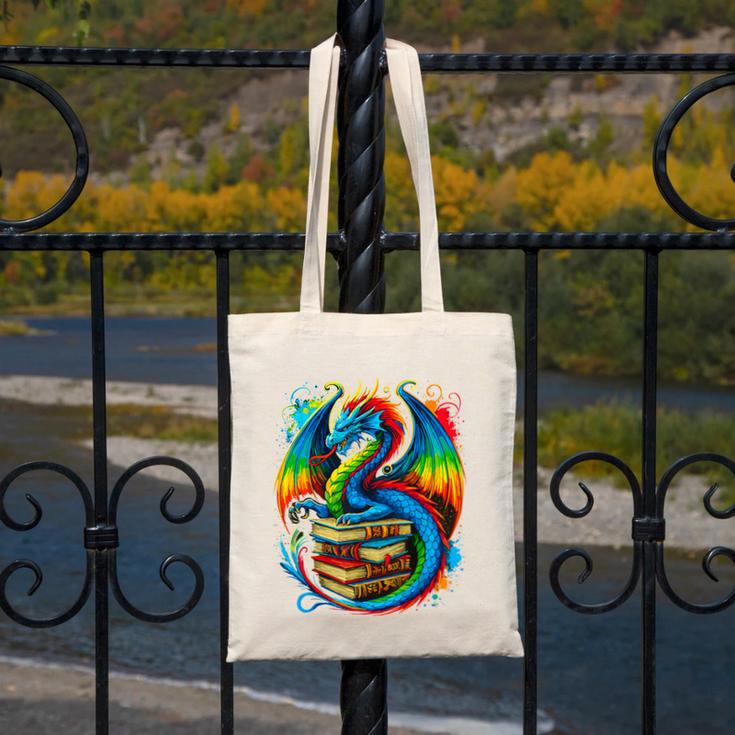 Dragon Reading Colorful Fantasy Book Lover Canvas Tote Bag